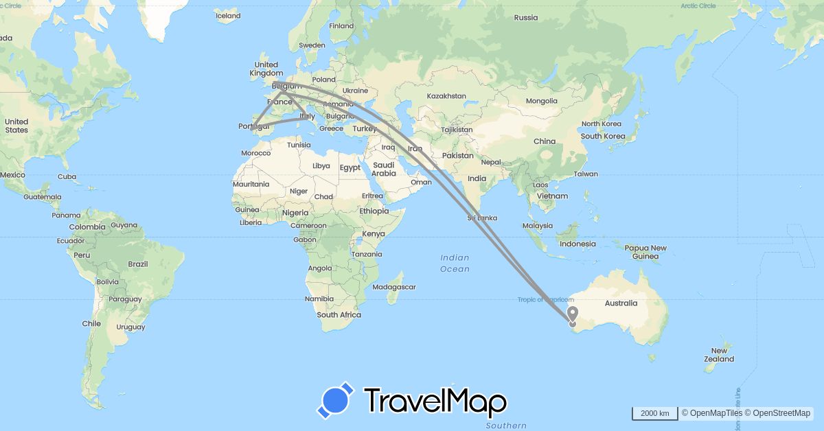 TravelMap itinerary: driving, plane in Australia, France, United Kingdom, Italy, Portugal (Europe, Oceania)